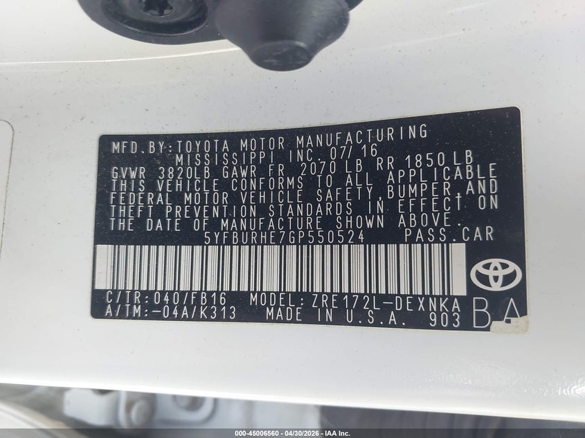 2016 Toyota Corolla VIN 5YFBURHE7GP550524 IAAI salvage auction — FRONT END, Salvage (North Carolina), sold $250 on 2026-07-22 (photo 9)