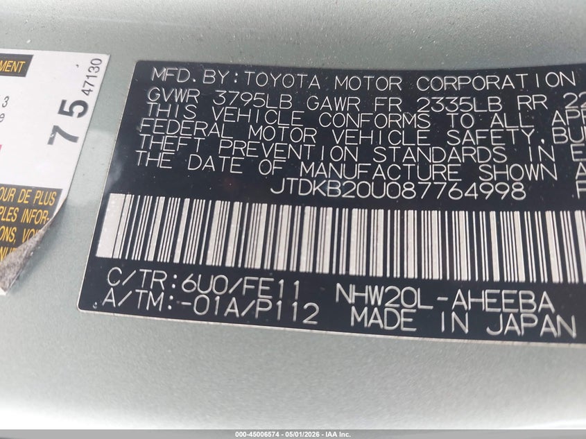 2008 Toyota Prius VIN JTDKB20U087764998 IAAI salvage auction — FRONT END, Salvage (California), sold $650 on 2026-07-20 (photo 9)