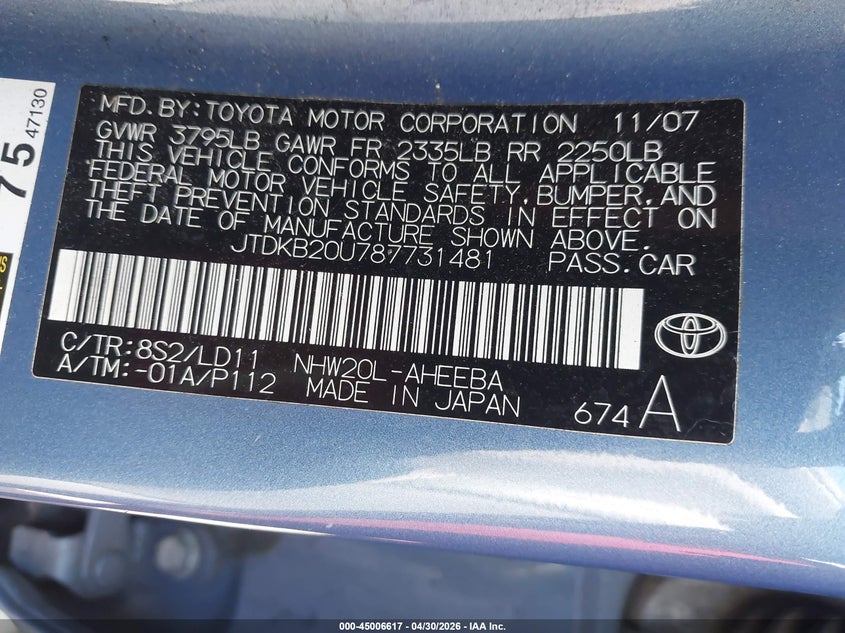 2008 Toyota Prius VIN JTDKB20U787731481 IAAI salvage auction — FRONT END, Non-Repairable (California), sold $450 on 2026-07-30 (photo 9)