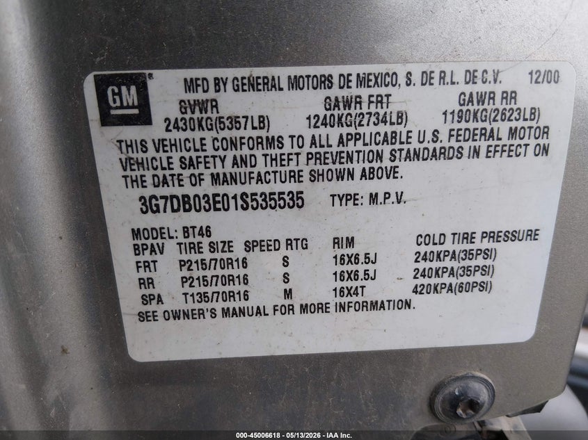 2001 Pontiac Aztek VIN 3G7DB03E01S535535 IAAI salvage auction — NORMAL WEAR, Clear - Public Restricted (Oregon), sold $0 on 2026-09-22 (photo 9)
