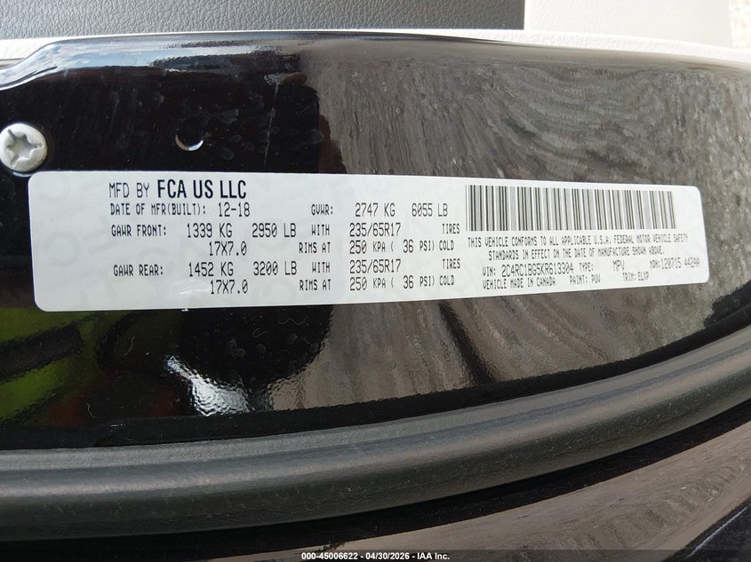 2019 Chrysler Pacifica VIN 2C4RC1BG5KR613304 IAAI salvage auction — SIDE, Salvage (Illinois), sold $3,350 on 2026-07-12 (photo 9)