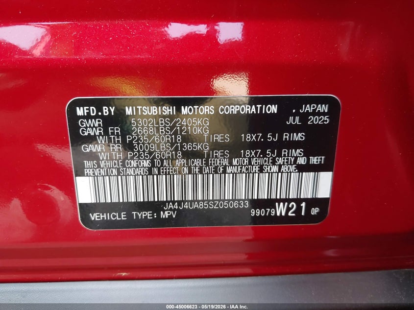 2025 Mitsubishi Outlander VIN JA4J4UA85SZ050633 IAAI salvage auction — FRONT END, Salvage (Pennsylvania), sold $8,450 on 2026-07-24 (photo 9)