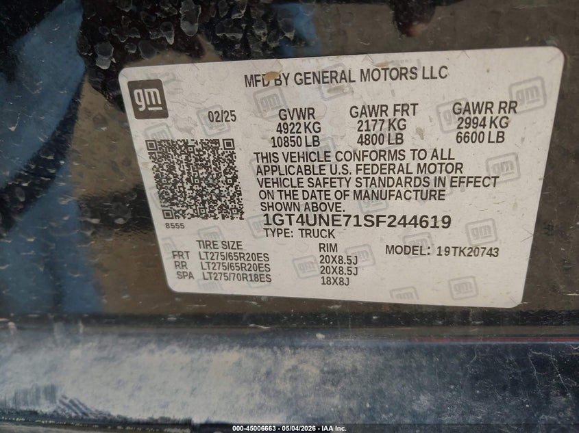 2025 Gmc SIERRA VIN 1GT4UNE71SF244619 IAAI salvage auction — HAIL, Salvage (Nebraska), sold $12,100 on 2026-07-09 (photo 8)