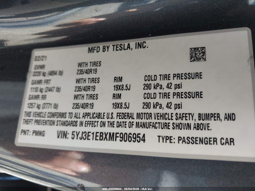 2021 Tesla Model 3 VIN 5YJ3E1EBXMF906954 IAAI salvage auction — FRONT END, Salvage - Greater Than 75% (Maryland), sold $5,150 on 2026-07-27 (photo 9)