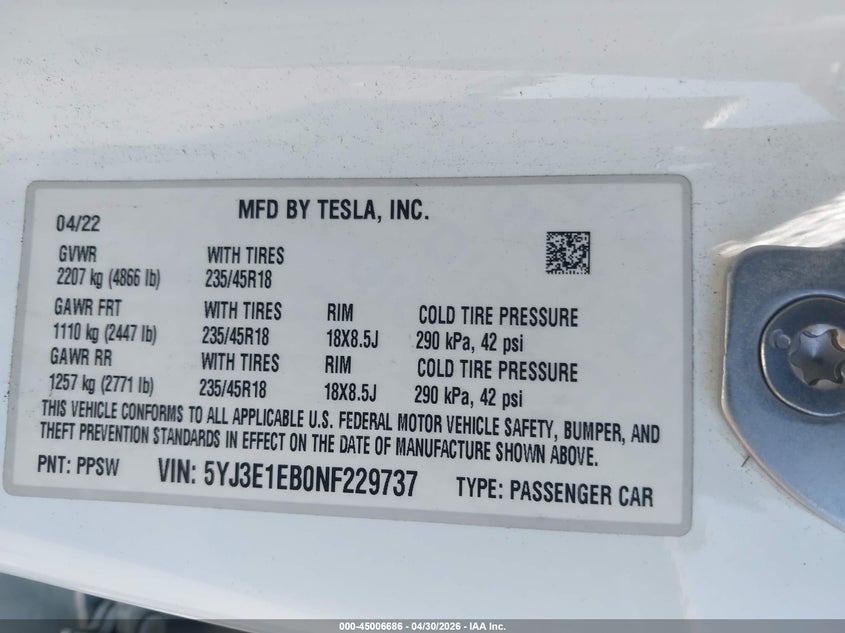 2022 Tesla Model 3 VIN 5YJ3E1EB0NF229737 IAAI salvage auction — FRONT END, Salvage (California), sold $4,100 on 2026-07-30 (photo 9)