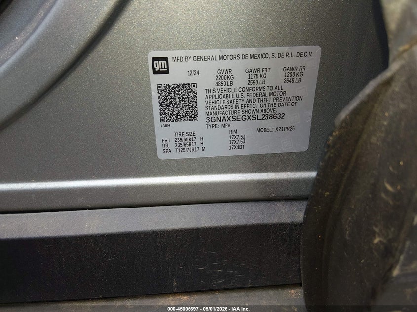 2025 Chevrolet Equinox VIN 3GNAXSEGXSL238632 IAAI salvage auction — FRONT END, Salvage (South Carolina), sold $4,050 on 2026-07-18 (photo 9)