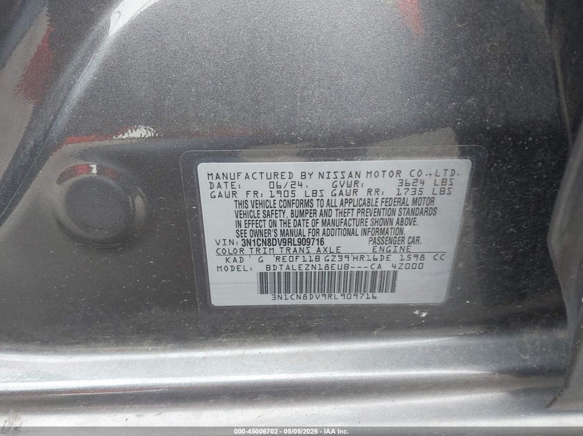 2024 Nissan Versa VIN 3N1CN8DV9RL909716 IAAI salvage auction — SIDE, Salvage (Illinois), sold $2,350 on 2026-07-17 (photo 9)