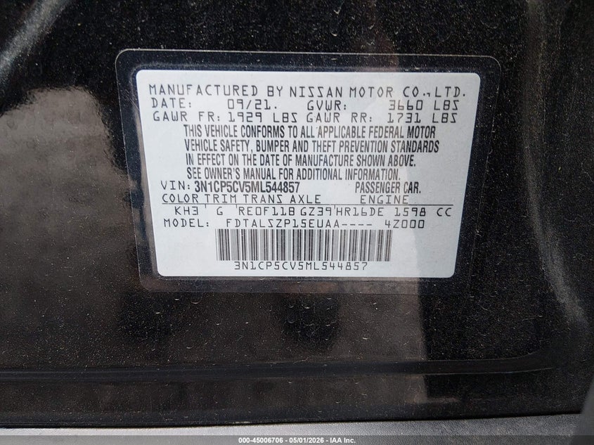 2021 Nissan Kicks VIN 3N1CP5CV5ML544857 IAAI salvage auction — RIGHT FRONT, Salvage (South Carolina), sold $3,050 on 2026-07-20 (photo 9)