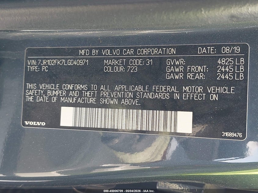 2020 Volvo S60 VIN 7JR102FK7LG040971 IAAI salvage auction — REAR END, Original (Texas), sold $5,150 on 2026-07-15 (photo 9)