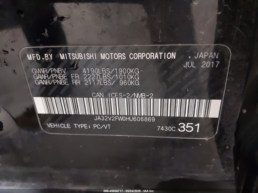 2017 Mitsubishi Lancer VIN JA32V2FW0HU606869 IAAI salvage auction — HAIL, Salvage (Oregon), sold $2,575 on 2026-07-21 (photo 9)
