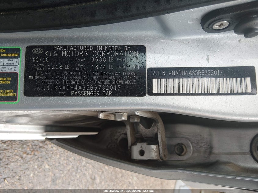 2011 Kia Rio VIN KNADH4A35B6732017 IAAI salvage auction — REAR END, Salvage (Colorado), sold $250 on 2026-07-14 (photo 9)