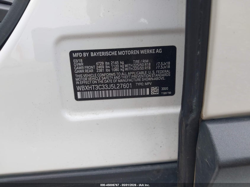 2018 BMW X1 VIN WBXHT3C33J5L27601 IAAI salvage auction — REAR END, Salvage (Illinois), sold $5,050 on 2026-07-15 (photo 9)