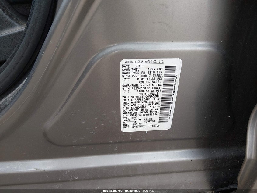 2015 Nissan Rogue VIN JN8AS5MT5FW156884 IAAI salvage auction — REAR END, Salvage (Illinois), sold $450 on 2026-07-22 (photo 9)