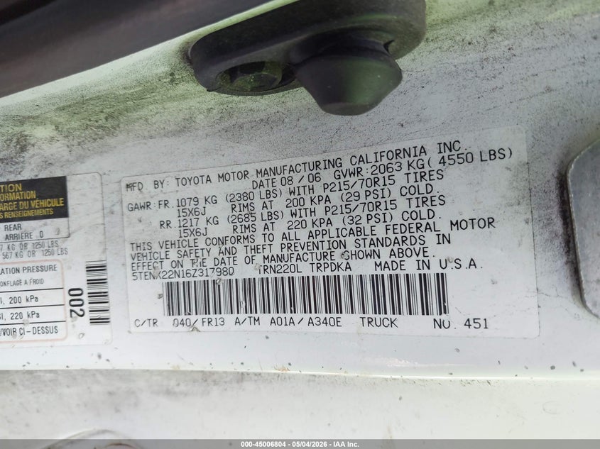 2006 Toyota Tacoma VIN 5TENX22N16Z317980 IAAI salvage auction — FRONT END, Salvage (North Carolina), sold $1,450 on 2026-07-23 (photo 9)