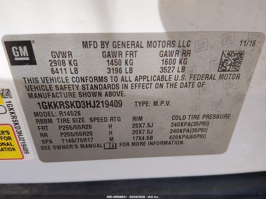 2017 Gmc Acadia VIN 1GKKRSKD3HJ219409 IAAI salvage auction — HAIL, Salvage (Kansas), sold $2,300 on 2026-07-31 (photo 9)