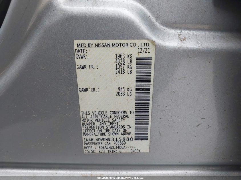 2022 Nissan Altima VIN 1N4BL4DV0NN315880 IAAI salvage auction — FRONT END, Salvage Title, sold $2,950 on 2026-07-19 (photo 9)