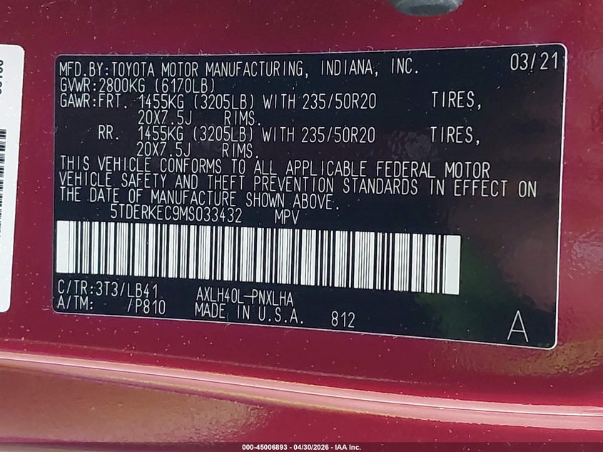 2021 Toyota Sienna VIN 5TDERKEC9MS033432 IAAI salvage auction — REAR END, Salvage Title, sold $16,000 on 2026-07-29 (photo 9)