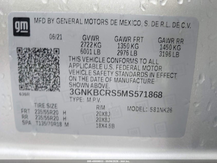 2021 Chevrolet Blazer VIN 3GNKBCRS5MS571868 IAAI salvage auction — HAIL, Original (Texas), sold $7,800 on 2026-07-29 (photo 9)