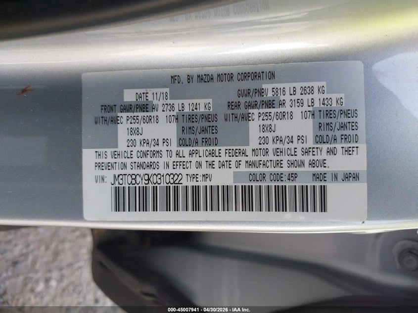 2019 Mazda Cx-9 VIN JM3TCBCY9K0310322 IAAI salvage auction — REAR END, Bill Of Sale (Washington), sold $6,050 on 2026-07-22 (photo 9)