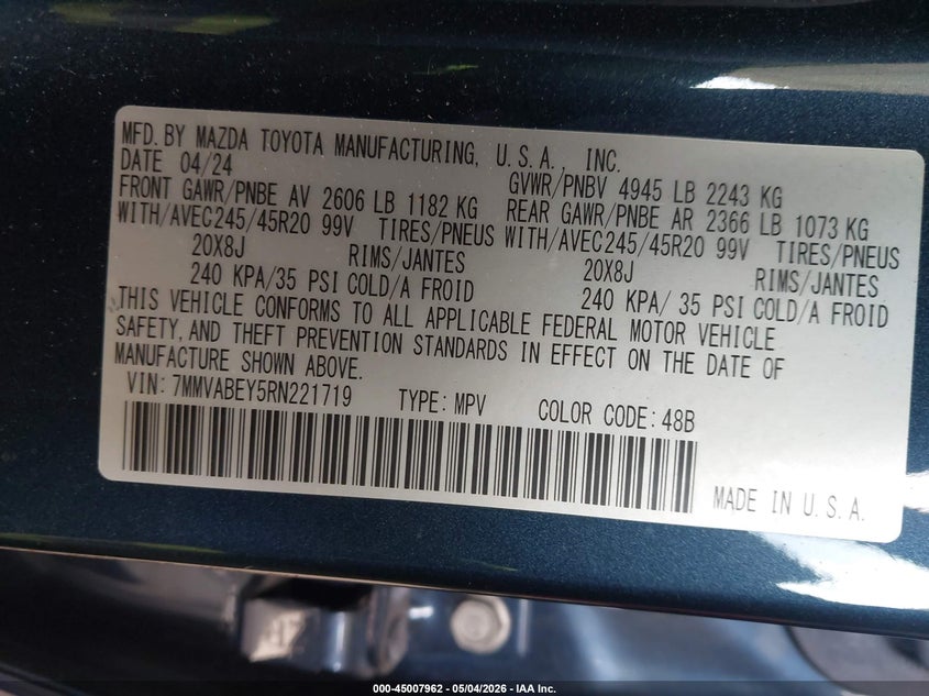 2024 Mazda Cx-50 VIN 7MMVABEY5RN221719 IAAI salvage auction — REAR END, Salvage Title, sold $5,600 on 2026-07-22 (photo 9)