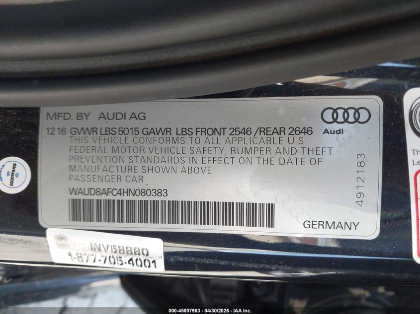 2017 Audi A6 VIN WAUD8AFC4HN080383 IAAI salvage auction — RIGHT FRONT, Salvage (California), sold $2,700 on 2026-07-29 (photo 9)