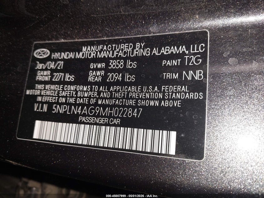 2021 Hyundai Elantra VIN 5NPLN4AG9MH022847 IAAI salvage auction — FRONT END, Salvage (Arizona), sold $3,950 on 2026-07-28 (photo 9)