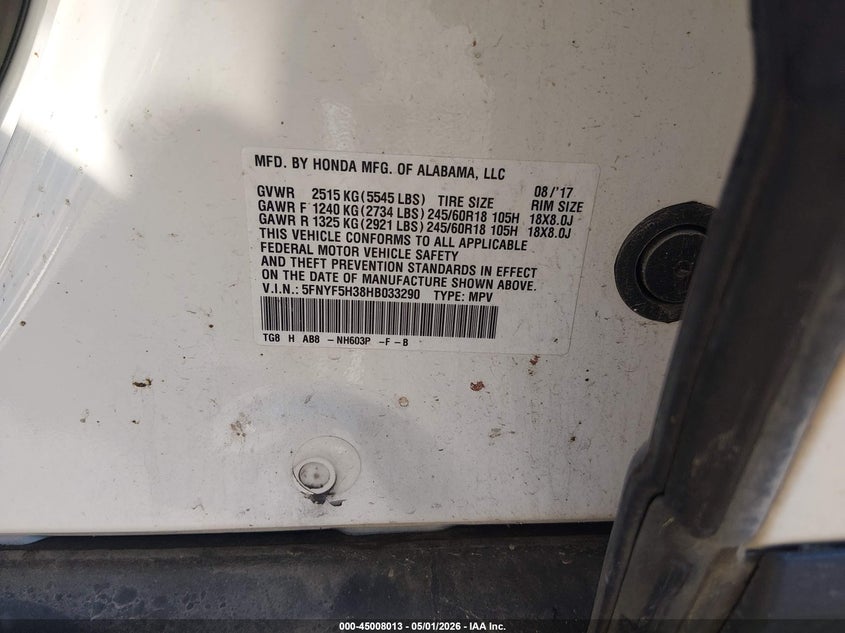 2017 Honda Pilot VIN 5FNYF5H38HB033290 IAAI salvage auction — FRONT END, Salvage (Missouri), sold $1,250 on 2026-07-23 (photo 9)