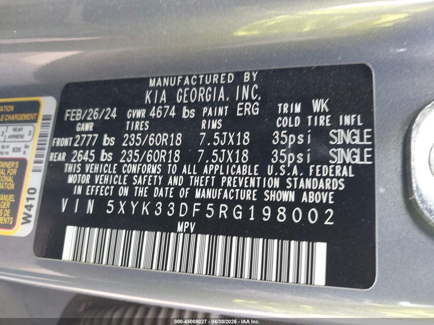 2024 Kia Sportage VIN 5XYK33DF5RG198002 IAAI salvage auction — FRONT END, Original (Texas), sold $7,950 on 2026-07-14 (photo 9)