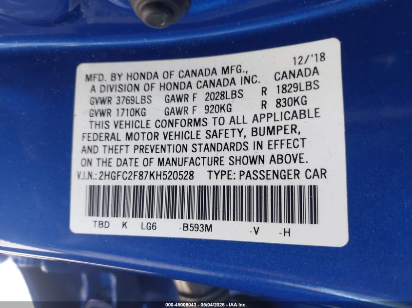 2019 Honda Civic VIN 2HGFC2F87KH520528 IAAI salvage auction — RIGHT REAR, Salvage (California), sold $4,350 on 2026-07-09 (photo 9)