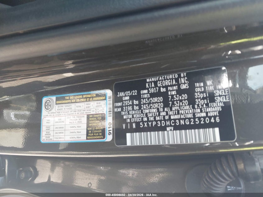 2022 Kia Telluride VIN 5XYP3DHC3NG252046 IAAI salvage auction — LEFT FRONT, Salvage (California), sold $6,000 on 2026-07-08 (photo 9)