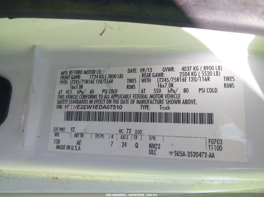 2014 Ford Econoline VIN 1FTNE2EW1EDA07510 IAAI salvage auction — NORMAL WEAR, Salvage (Texas), sold $550 on 2026-07-09 (photo 9)
