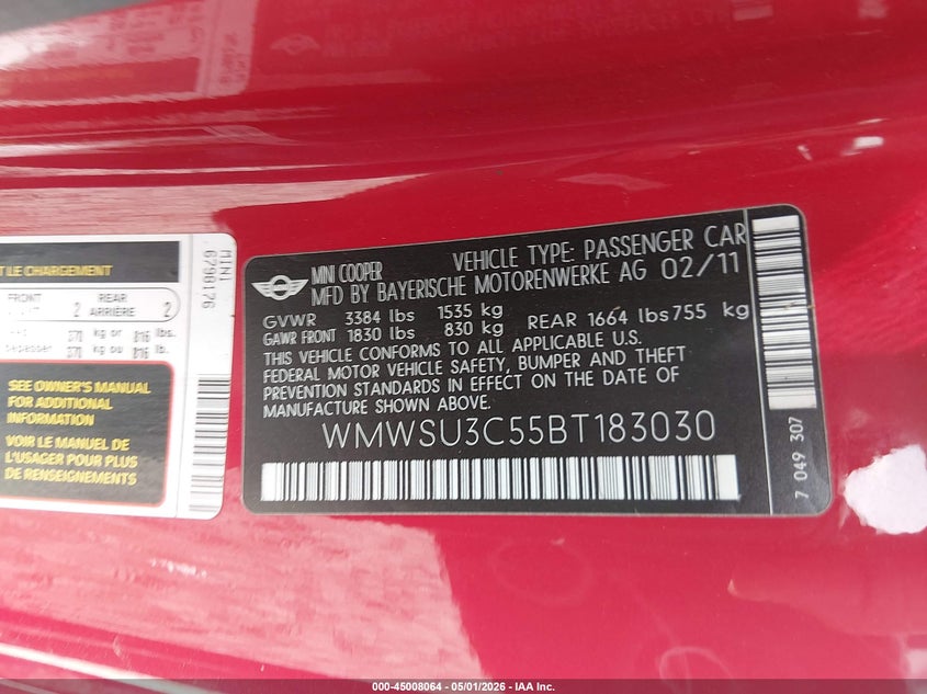 2011 Mini Cooper VIN WMWSU3C55BT183030 IAAI salvage auction — FRONT END, Bill Of Sale (Washington), sold $275 on 2026-08-12 (photo 9)