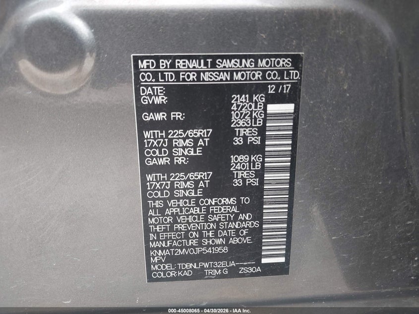 2018 Nissan Rogue VIN KNMAT2MV0JP541958 IAAI salvage auction — REAR END, Original (Texas), sold $2,950 on 2026-07-15 (photo 9)