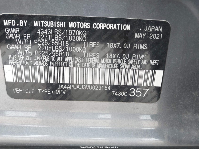 2021 Mitsubishi Outlander VIN JA4APUAU3MU029154 IAAI salvage auction — REAR END, Original (Texas), sold $3,150 on 2026-07-29 (photo 9)