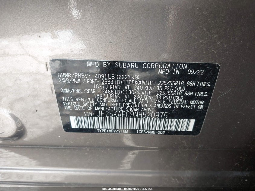 2022 Subaru Forester VIN JF2SKAPC9NH520975 IAAI salvage auction — STRIPPED, Salvage (Massachusetts), sold $4,500 on 2026-07-08 (photo 9)