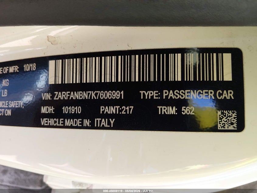 2019 Alfa romeo Giulia VIN ZARFANBN7K7606991 IAAI salvage auction — FRONT END, Salvage (North Carolina), sold $50 on 2026-07-27 (photo 9)