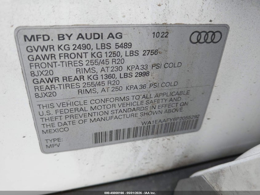 2023 Audi Q5 VIN WA1EAAFY6P2055292 IAAI salvage auction — SIDE, Salvage Title, sold $7,550 on 2026-07-14 (photo 9)