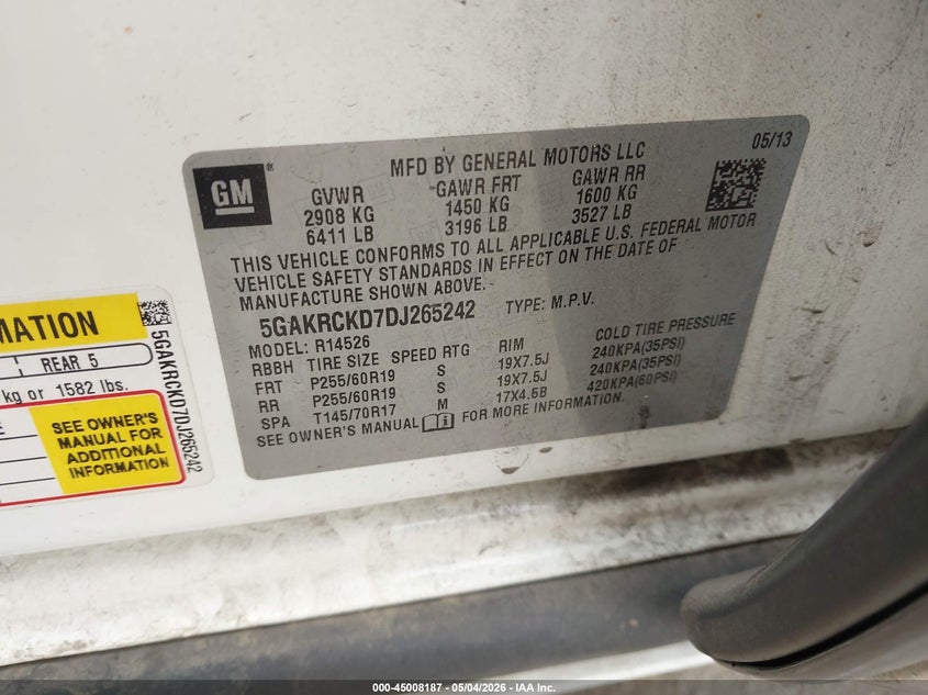 2013 Buick Enclave VIN 5GAKRCKD7DJ265242 IAAI salvage auction — RIGHT FRONT, Salvage Title, sold $700 on 2026-08-01 (photo 9)