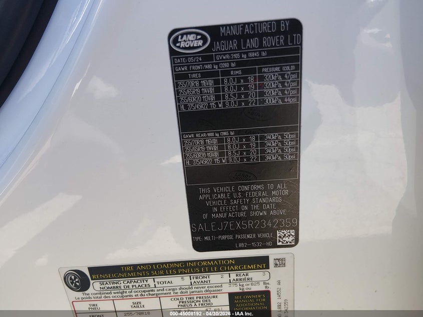 2024 Land rover Defender VIN SALEJ7EX5R2342359 IAAI salvage auction — FRONT END, Salvage (California), sold $29,250 on 2026-07-15 (photo 9)