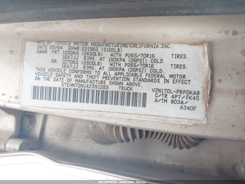 2004 Toyota Tacoma VIN 5TEHN72N14Z391283 IAAI salvage auction — ROLLOVER, Salvage (Hawaii), sold $25 on 2026-07-21 (photo 9)