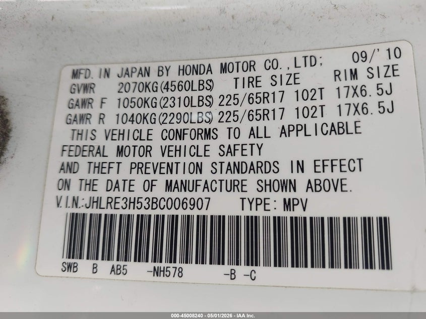 2011 Honda Cr-v VIN JHLRE3H53BC006907 IAAI salvage auction — LEFT FRONT, Salvage (California), sold $950 on 2026-07-14 (photo 9)