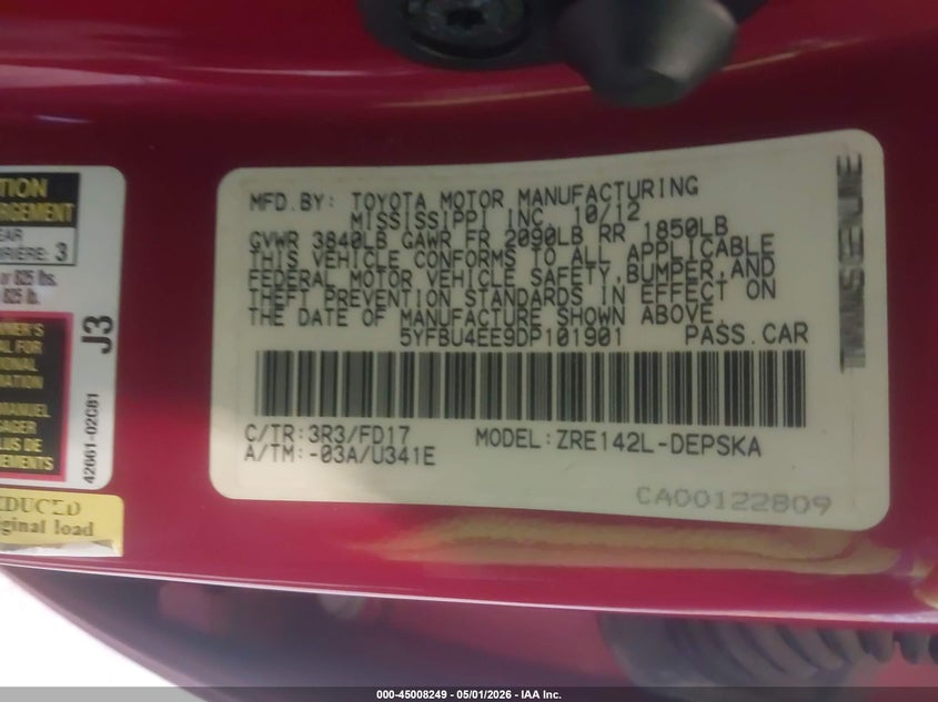 2013 Toyota Corolla VIN 5YFBU4EE9DP101901 IAAI salvage auction — RIGHT REAR, Original (Texas), sold $1,775 on 2026-07-14 (photo 9)