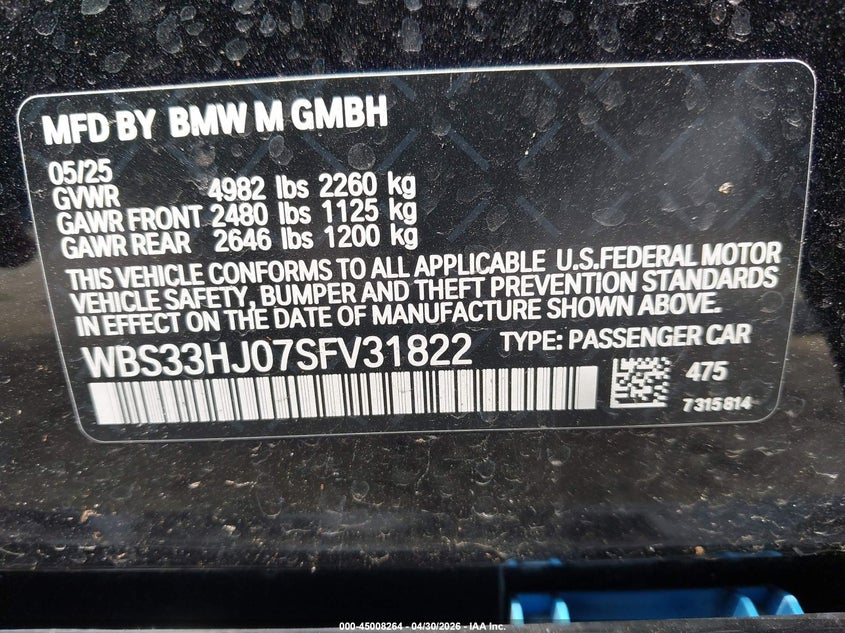 2025 BMW M3 VIN WBS33HJ07SFV31822 IAAI salvage auction — FRONT END, Original (Texas), sold $24,600 on 2026-07-20 (photo 9)
