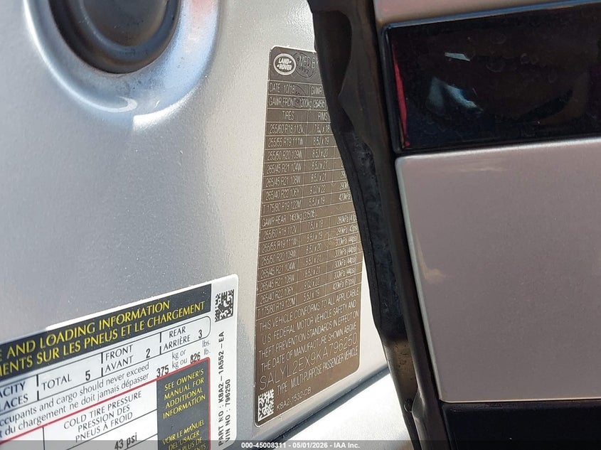 2019 Land rover Range rover velar VIN SALYL2EX9KA796250 IAAI salvage auction — LEFT FRONT, Clear (Hawaii), sold $10,800 on 2026-07-07 (photo 9)