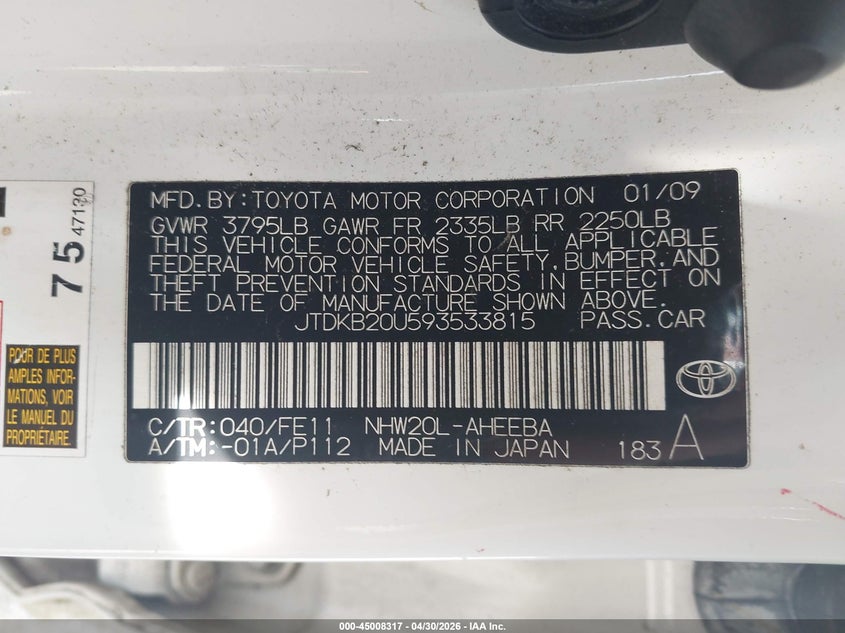 2009 Toyota Prius VIN JTDKB20U593533815 IAAI salvage auction — LEFT REAR, Salvage (Oregon), sold $825 on 2026-07-29 (photo 9)