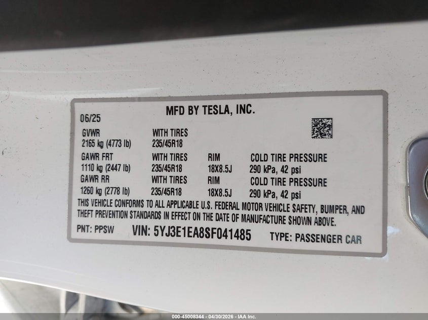 2025 Tesla Model 3 VIN 5YJ3E1EA8SF041485 IAAI salvage auction — REAR END, Salvage (California), sold $4,950 on 2026-07-30 (photo 9)