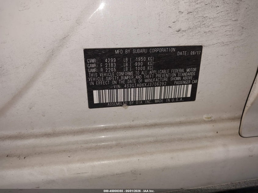 2018 Subaru Impreza VIN 4S3GTAB6XJ3706292 IAAI salvage auction — LEFT REAR, Salvage (Oregon), sold $3,550 on 2026-07-09 (photo 9)