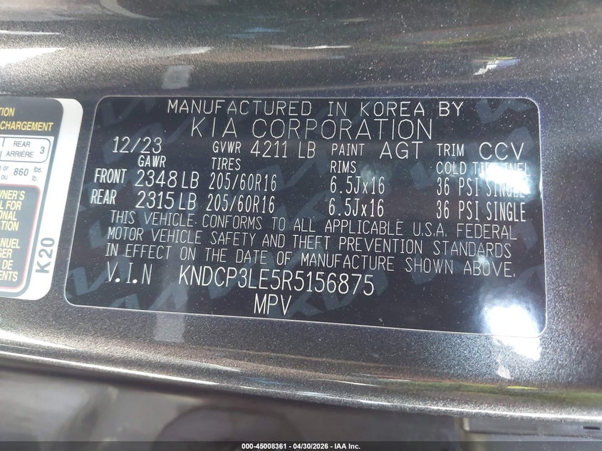 2024 Kia Niro VIN KNDCP3LE5R5156875 IAAI salvage auction — RIGHT SIDE, Salvage (California), sold $4,750 on 2026-07-15 (photo 9)