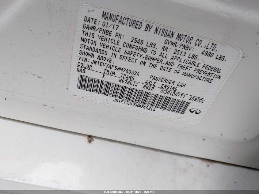 2017 Infiniti Q50 VIN JN1EV7AP5HM740324 IAAI salvage auction — WATER/FLOOD, Salvage (Texas), sold $2,550 on 2026-07-21 (photo 9)