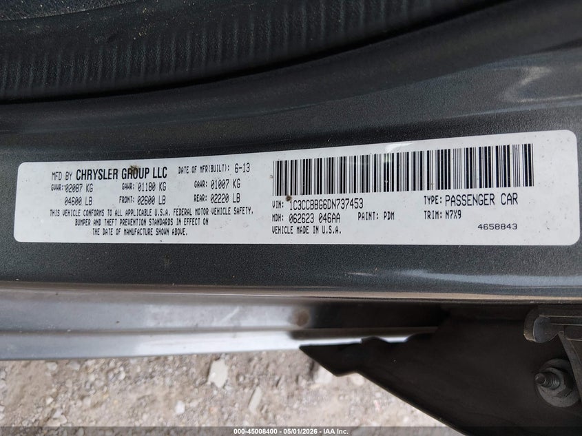 2013 Chrysler 200 VIN 1C3CCBBG6DN737453 IAAI salvage auction — LEFT FRONT, Clear (Tennessee), sold $25 on 2026-07-16 (photo 9)